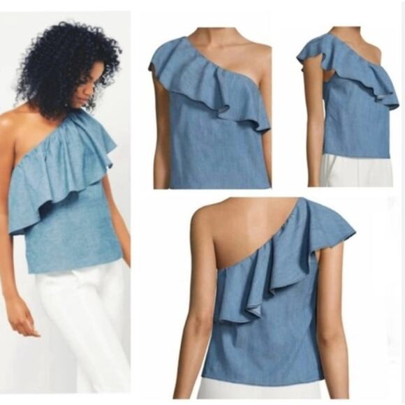 Alice + Olivia Tops - Alice + Olivia Top Womens Large One Shoulder Blue Nautical Beach Cottagecore Top